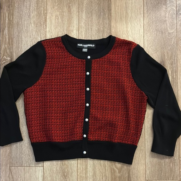 Karl Lagerfeld Red and Black Cropped Cardigan Sweater - Picture 4 of 6